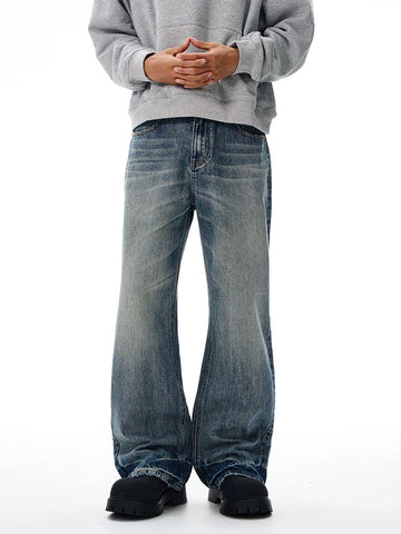 Vintage Wash Men's Loose Jeans American Cleanfit High Street Micro Flared Trousers Autumn Fashion Casual Wide-leg Denim Pants